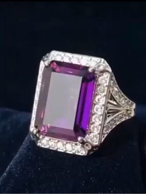Vintage Emerald Cut Amethyst Halo Statement Ring in Sterling Silver Plate Size 6